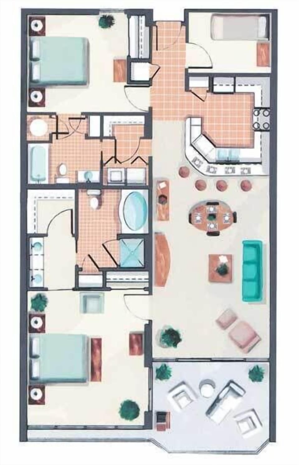 Example Floor Plan.  Please see our photos and descriptions for actual furniture and placement