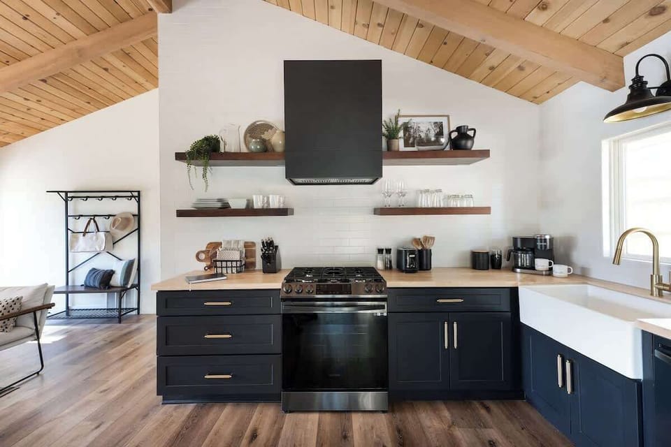 Open concept kitchen with butcher block countertops 