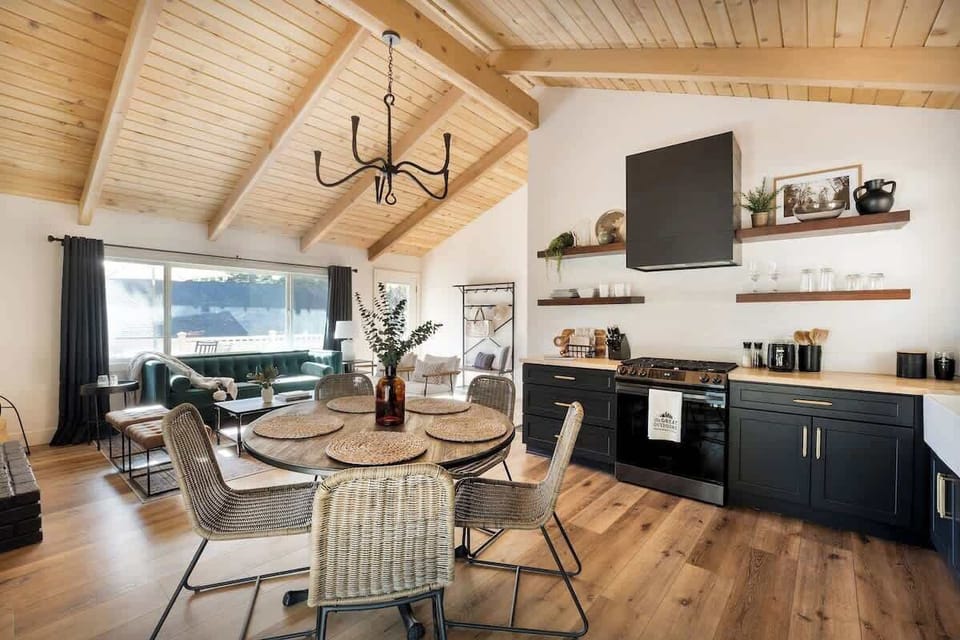 The natural pine tounge and grove ceiling brings all the cabin vibes.  Welcome to your mountain escape. 