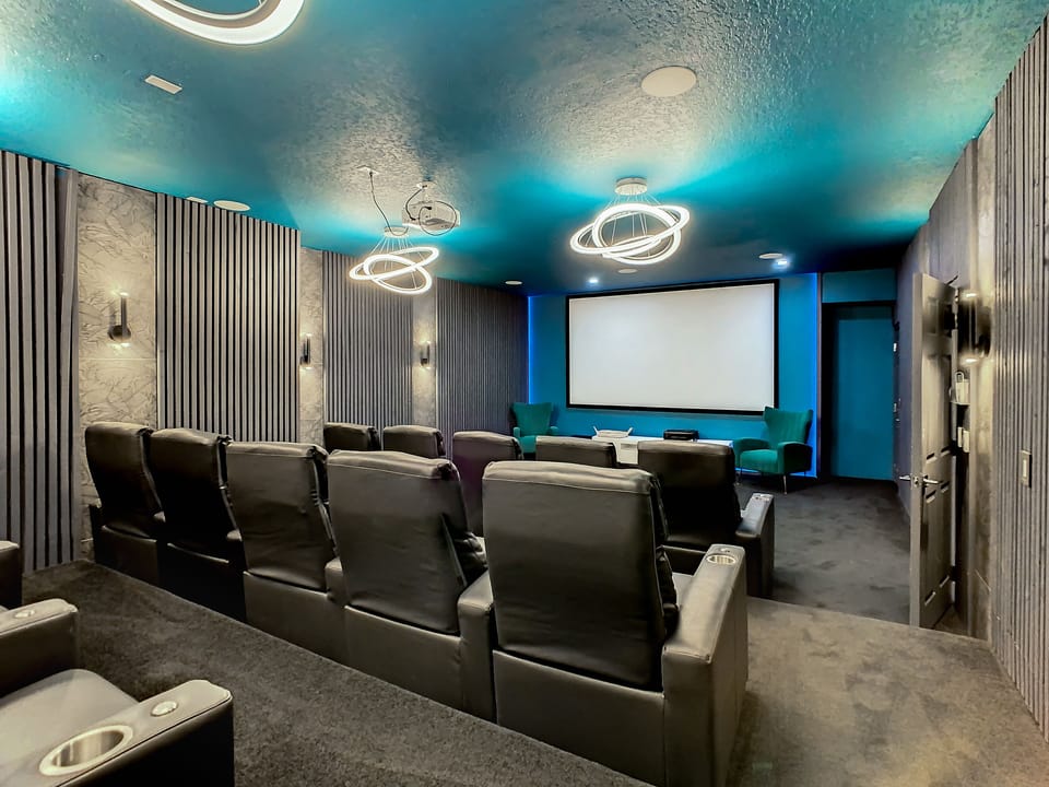 Private theater with 15 cushioned seats