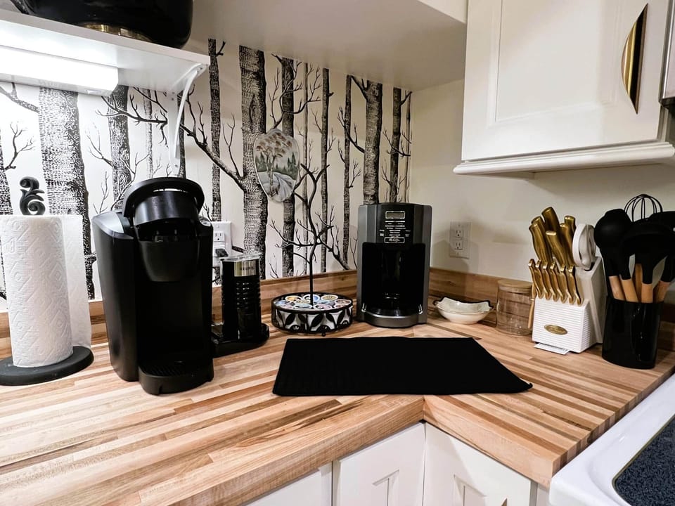 Kitchen coffee bar. Drip coffee maker and Keurig with frother. 