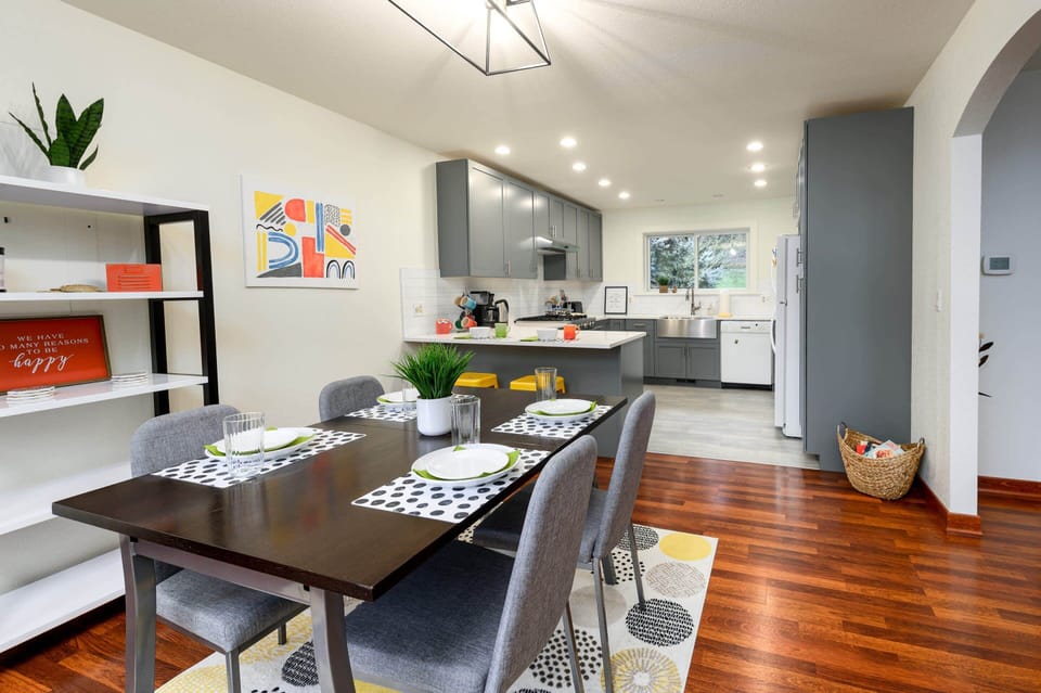 This fully-stocked kitchen will make dining in a breeze. There is plenty of seating for you and your people-just add groceries. :)