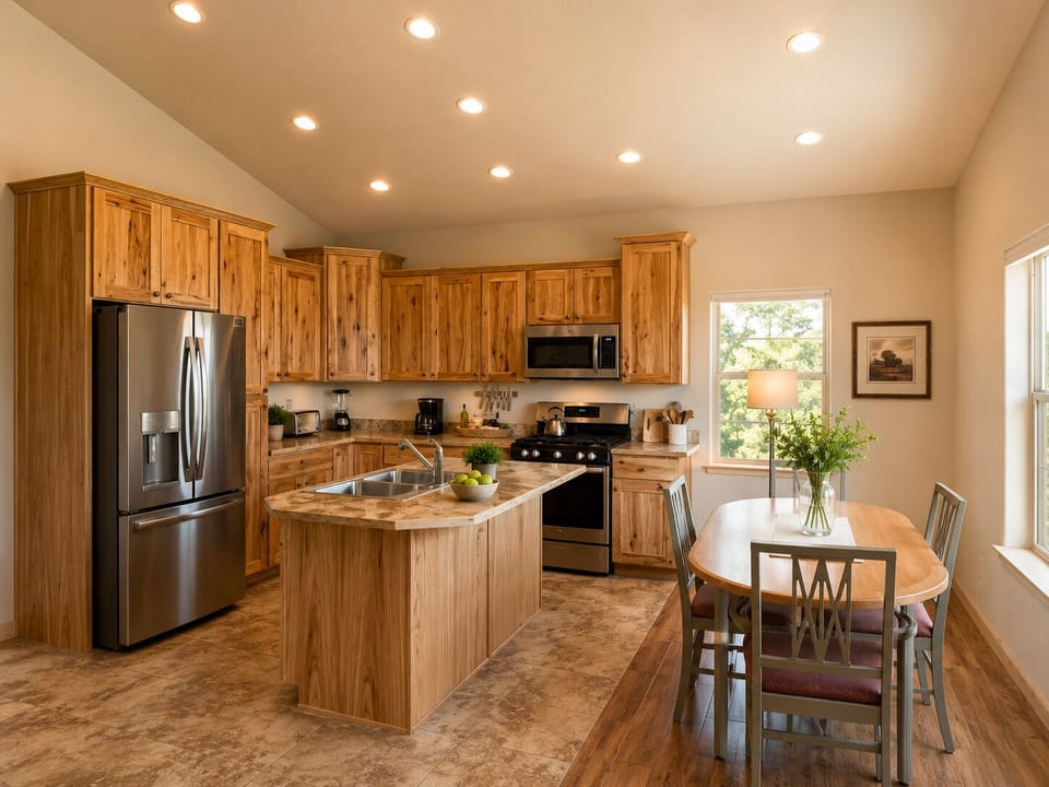The open kitchen and dining area flow together, giving everyone room to cook and gather in one bright space.