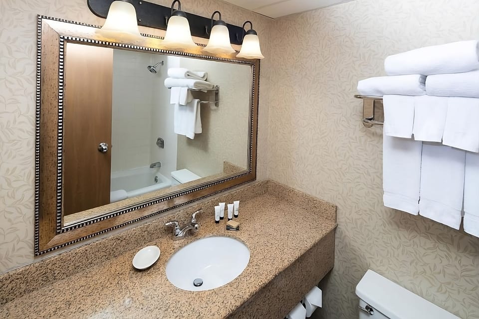 Freshen up at a clean, spacious vanity with plush towels.