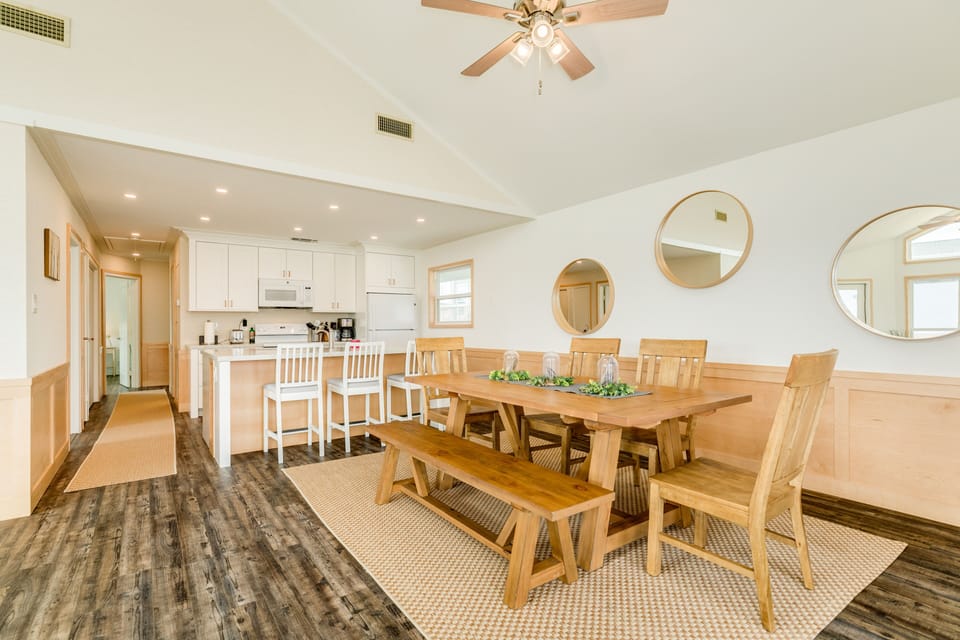 Easily serve meals from the adjacent kitchen