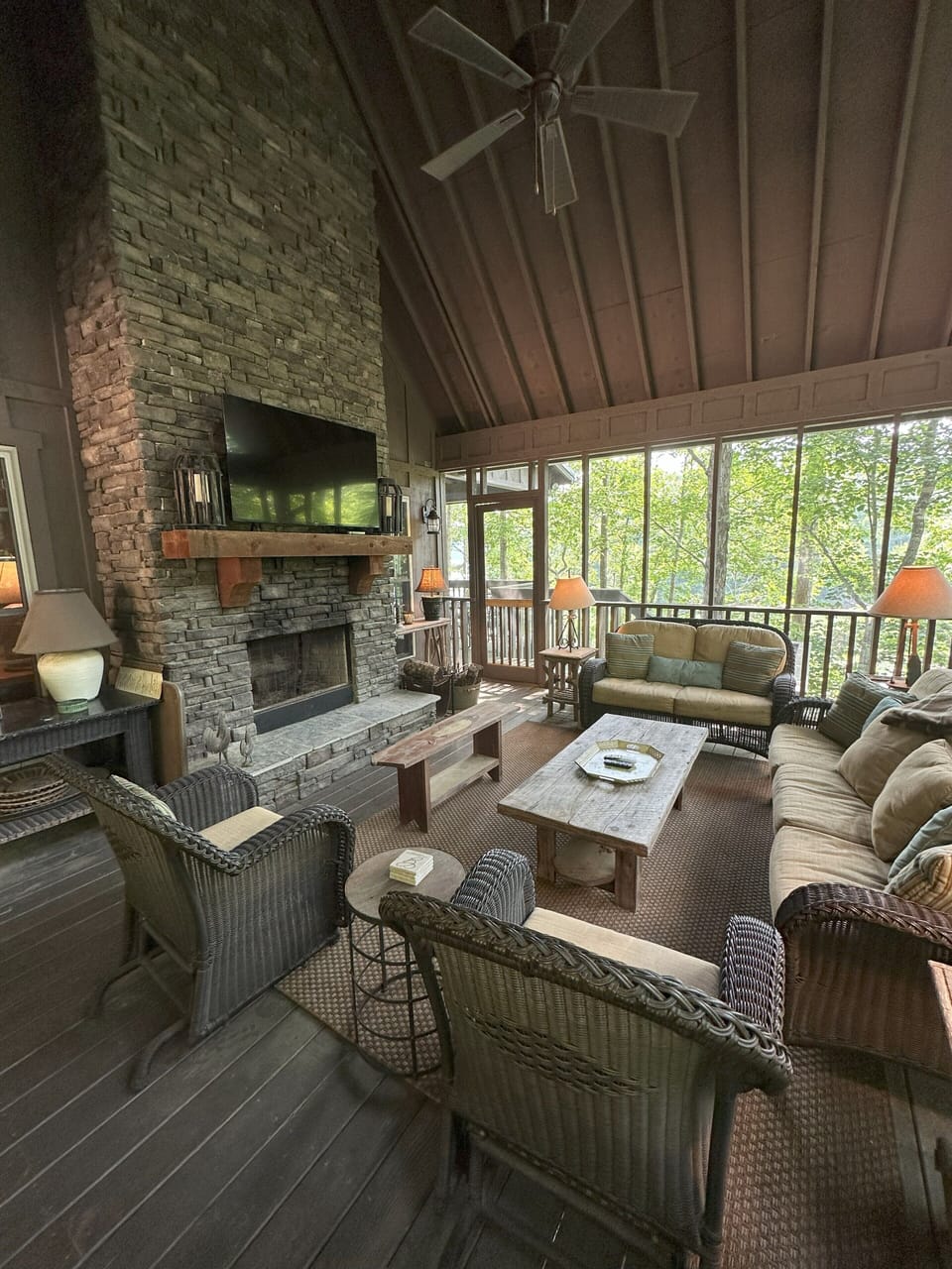 Expansive screened porch, with wood-burning fireplace, overlooks the lake.