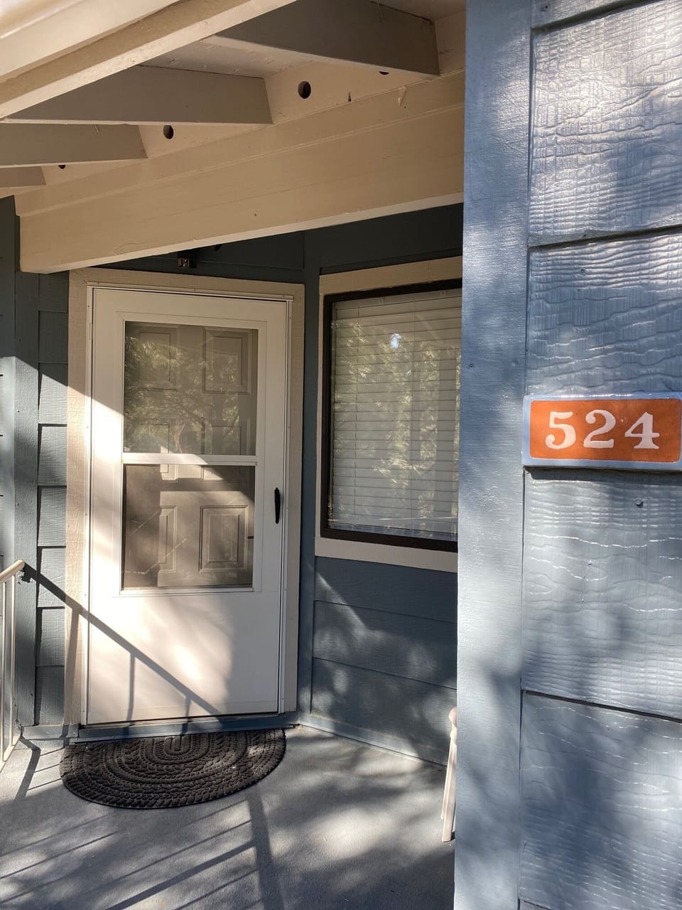 Front of unit with a small sitting area to drink your coffee and watch the birds