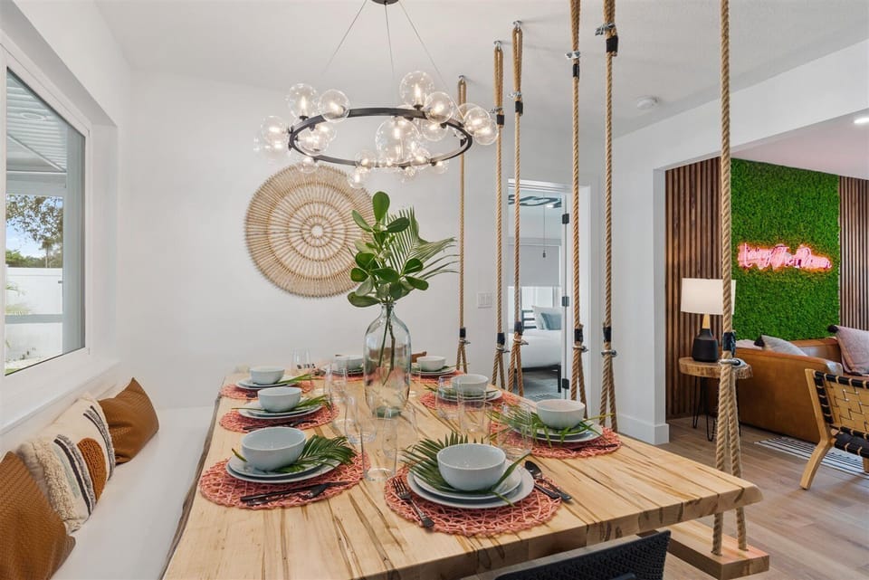 Gather around the colorful dining space for a family meal or brunch!