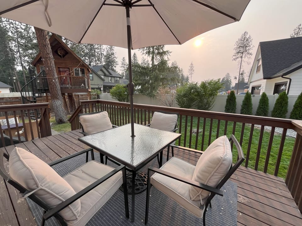 Backyard has two patios with seating, BBQ and Fire pit
