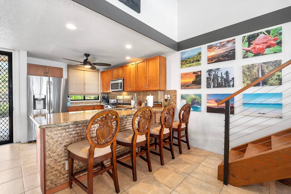 Kitchen bar has seating for 4 and the lanai has seating for six