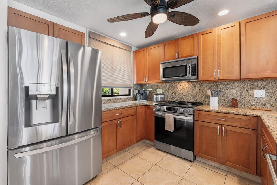 Fully equipped with stainless steel appliances and has all of the dishes and utensils you will need