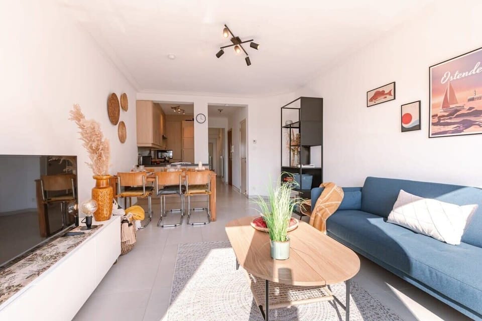 Sunny living room with vintage dining area