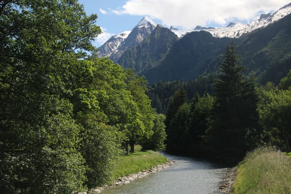 View Kitzsteinhorn from stream near the apartment building in Kaprun