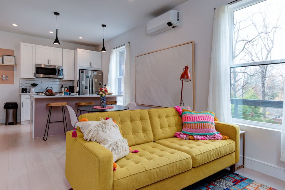 Cozy open concept kitchen, dining, living area