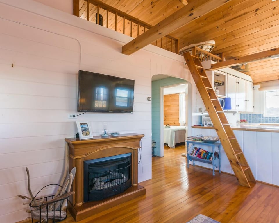 Living room with ladder to the loft.