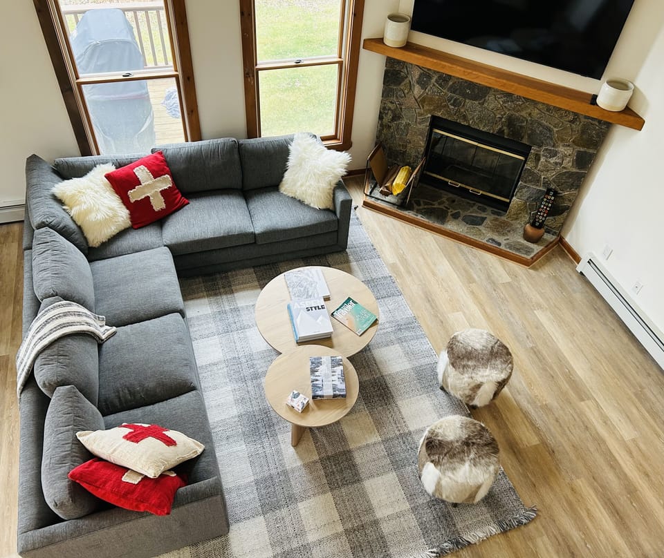 Living room with fireplace and brand new furniture 