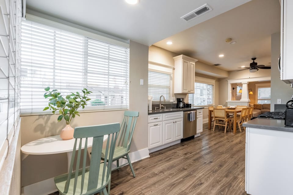 Fully equipped kitchen with a gas stove for home-cooked meals.