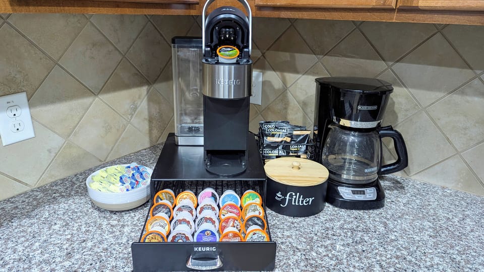 Enjoy complimentary Colombian-style drip coffee and Keurig assorted coffee.