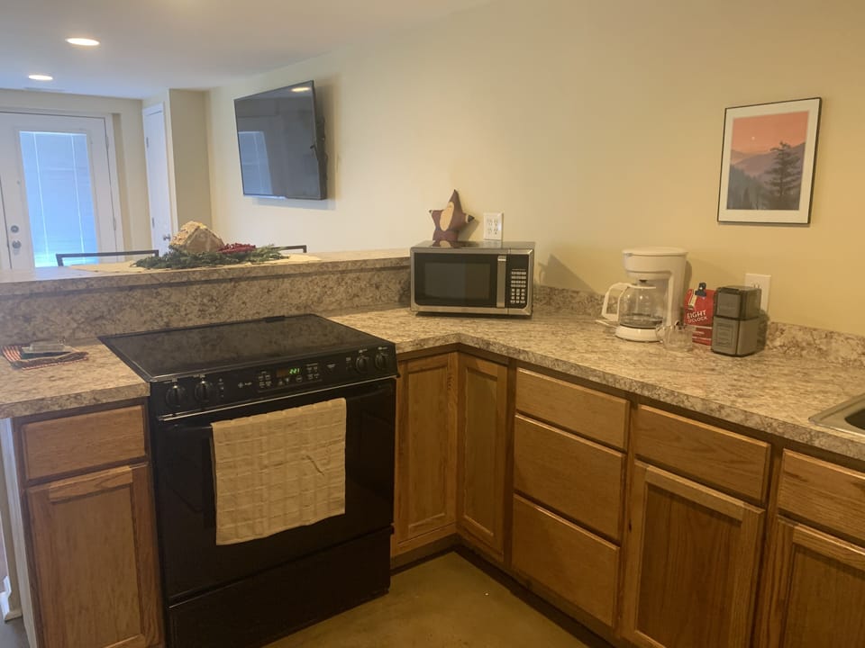 Full Kitchen with large sized fridge, stove/oven & other essentials for cooking