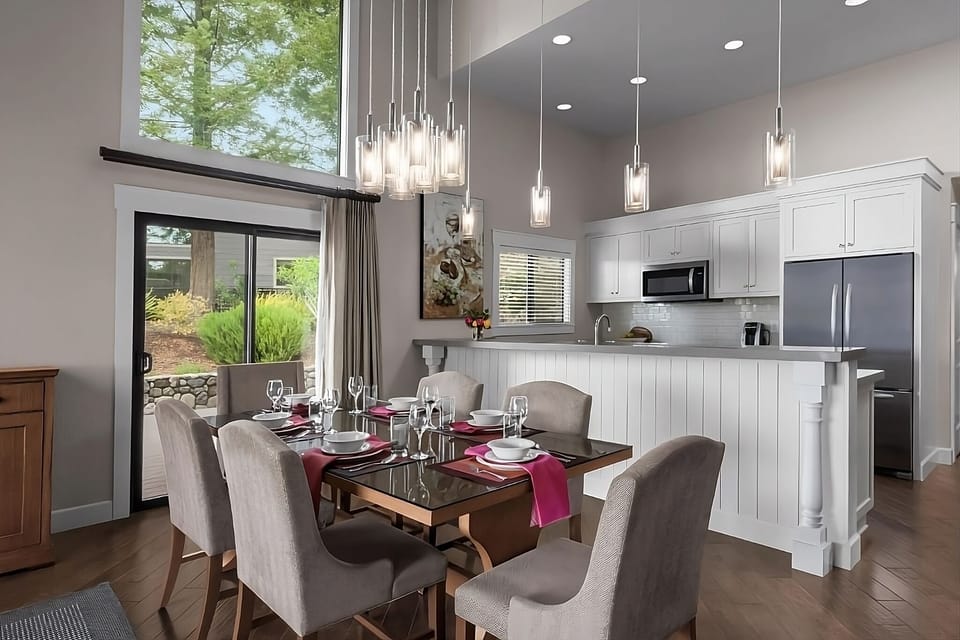 Host effortless meals in the bright kitchen and dining area.
