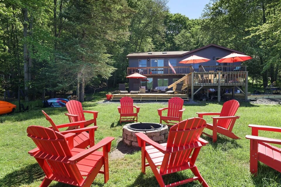 lakeside firepit with seating for 8.