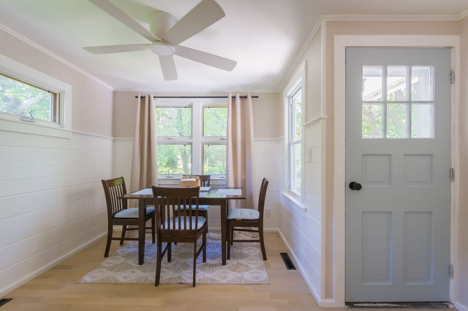 Dining area with front door.