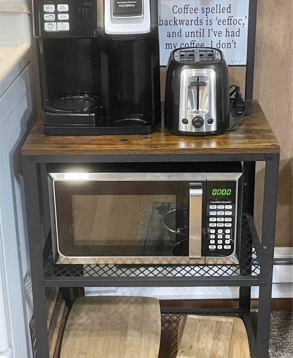 Keurig pods and grounds coffee machine. Microwave and toaster.