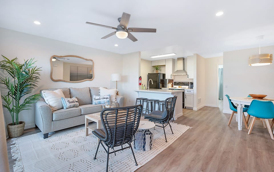 living with pull-out sofa, dining and kitchen