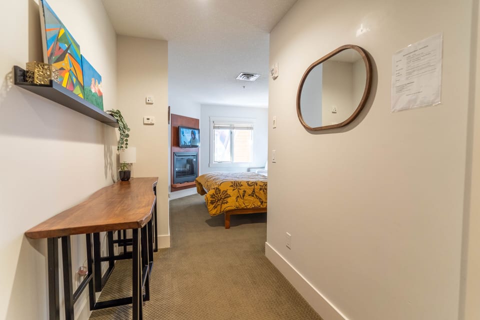 Walkway with stylish live-edge table