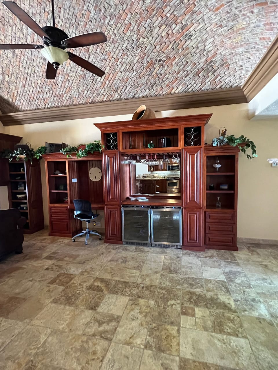 Workstation Desk. Service Bar & 2 Beverage Refrigerators.