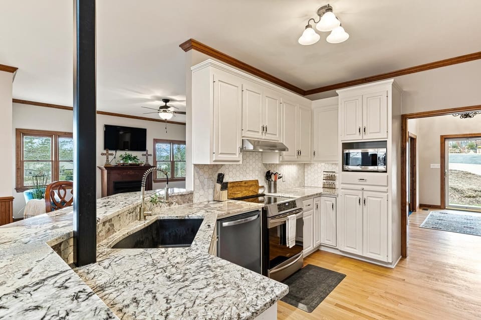 Large kitchen with island seating.