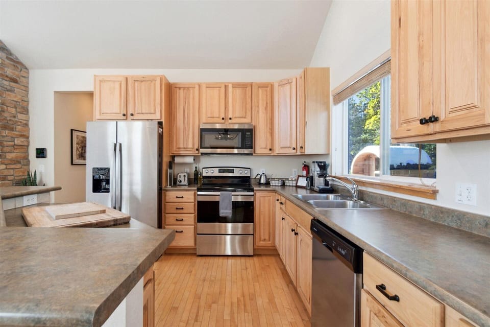 comfortable and well stocked kitchen