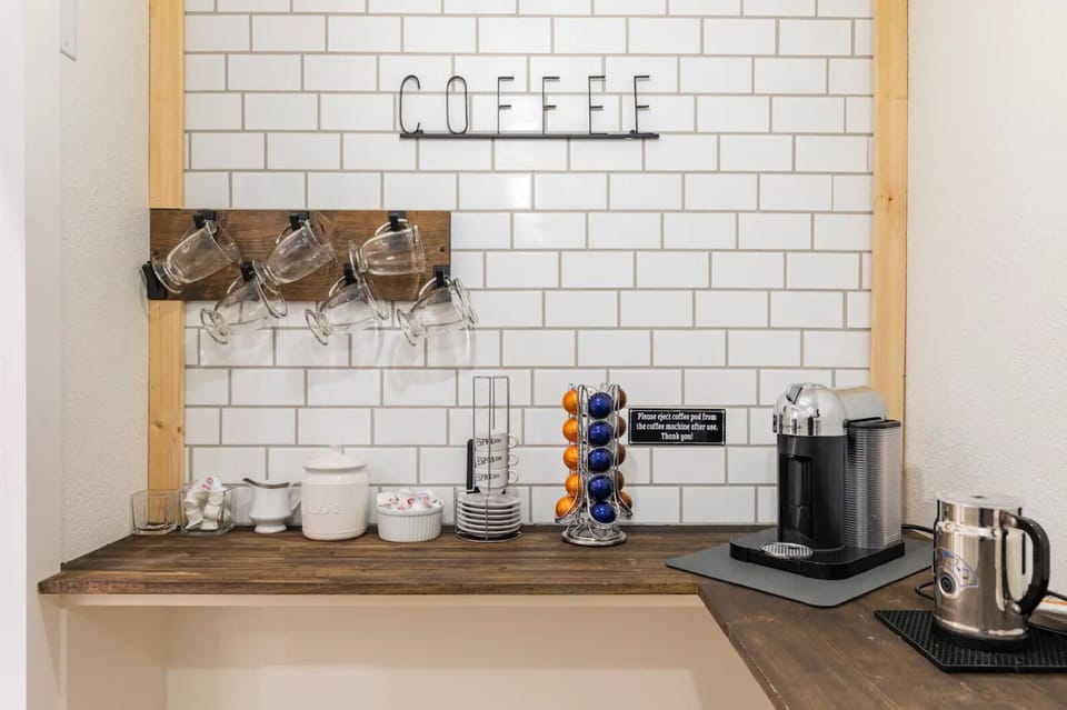 Coffee bar w/ Nespresso Vertuo machine w/ regular & decaf pods, tea,  & frothier