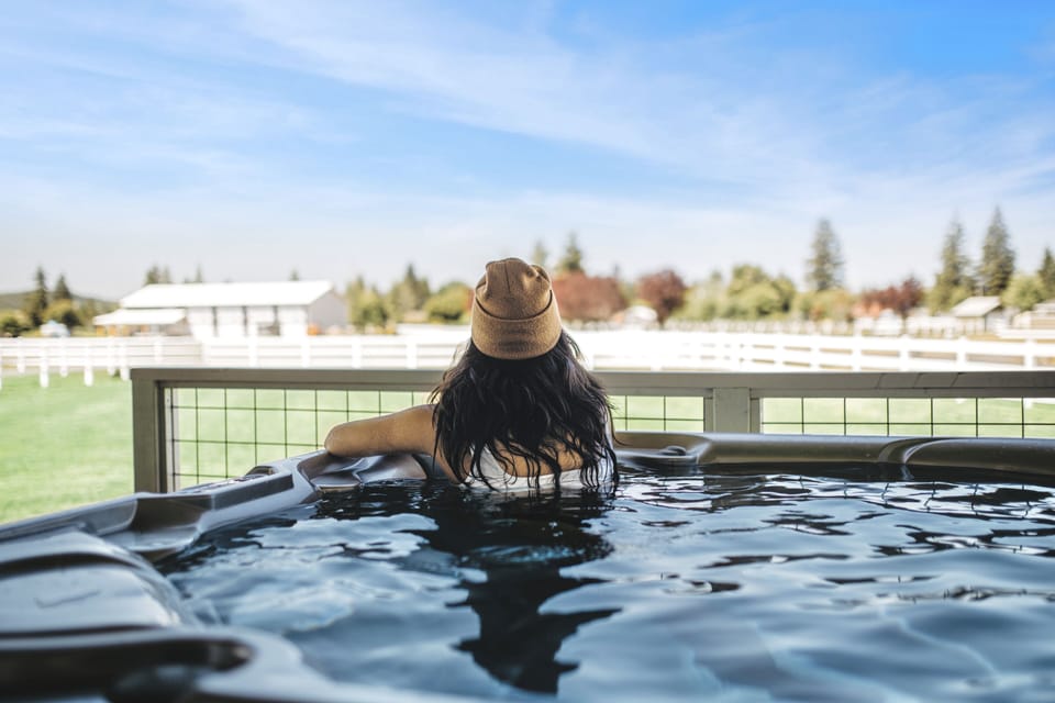 Soak after a hike in the covered hot tub, kept above 100F (38C) year round. 