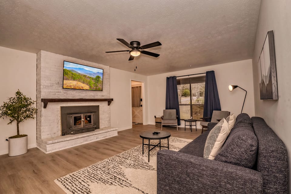 Living Room with sofa bed, 55" smart TV and electric fireplace.