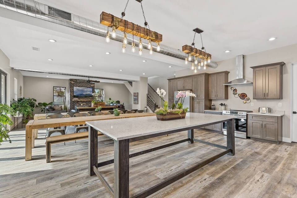 Expansive group kitchen 12' island