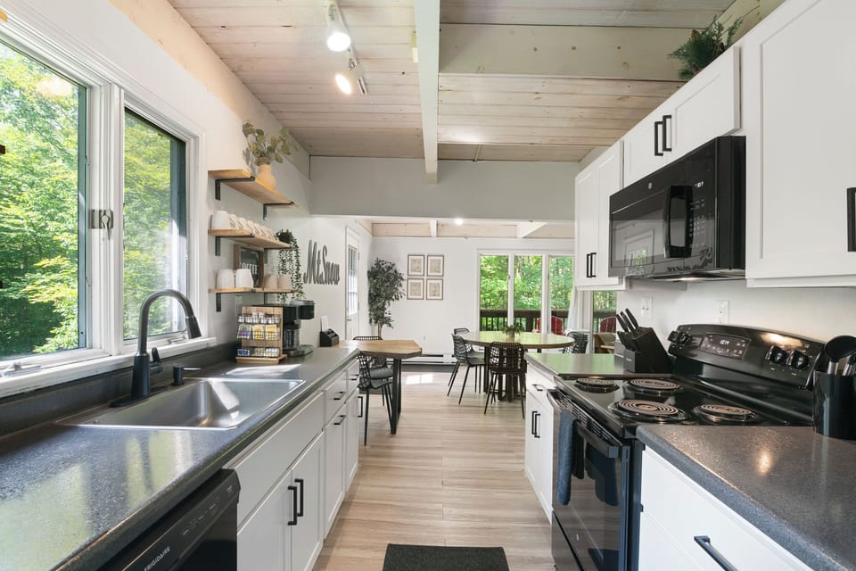 Prepare a meal in the galley kitchen, equipped with everything you’ll need.