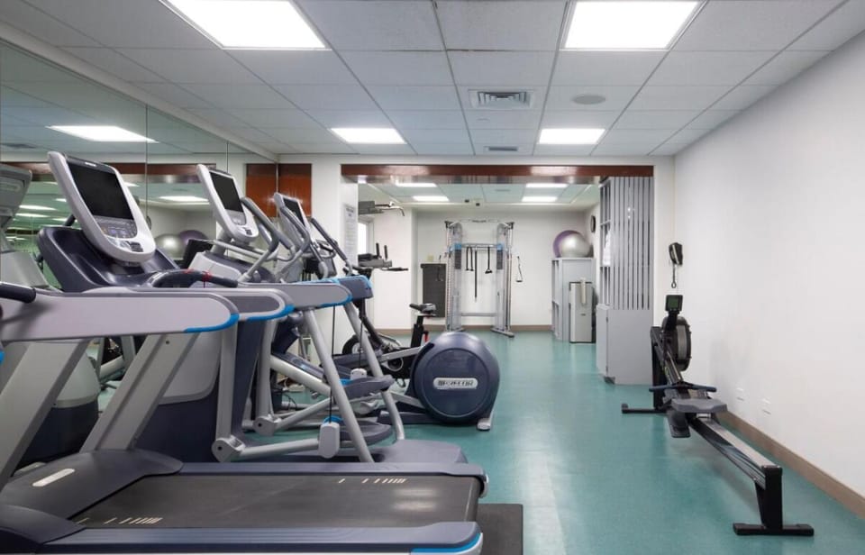 Keep your routine going with treadmills, bikes, and open space.