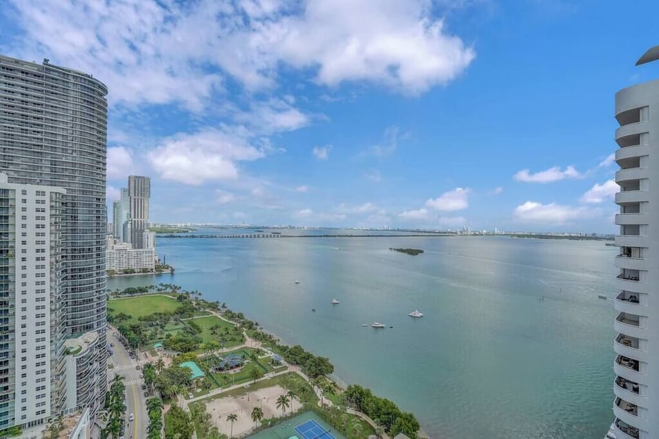 Water views of Biscayne Bay, Heart Island, Margaret Pace Park from fully furnished balcony