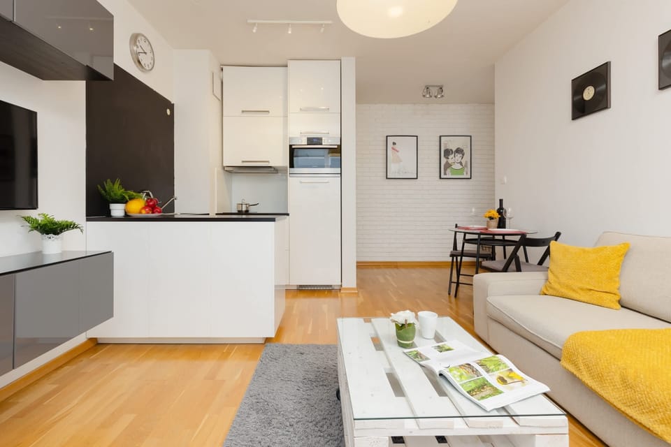 The open-plan living area with a comfortable sofa, TV, and access to a balcony, blending functionality with modern design.