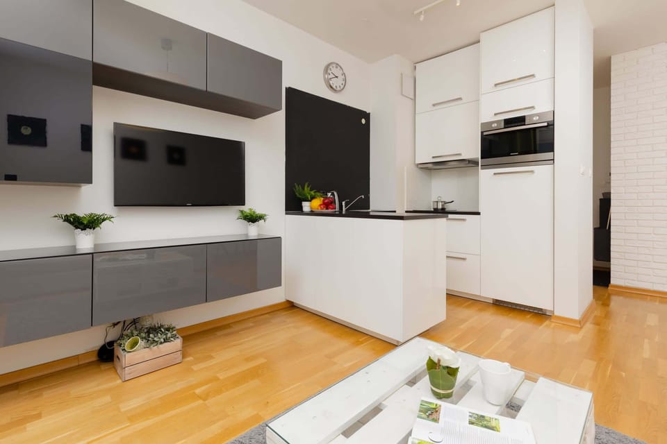 The open-plan living area with a comfortable sofa, TV, and access to a balcony, blending functionality with modern design.