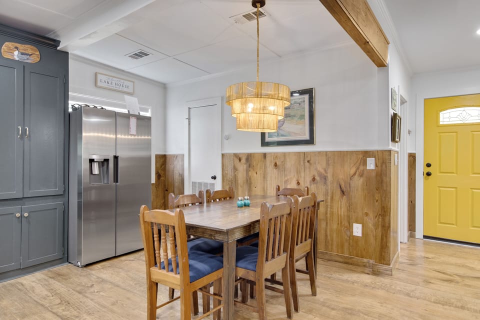 Fridge and dining table.