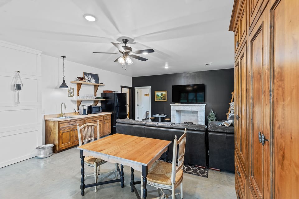 Barn door from bunkroom, Dining, Wet Bar & Living Downstairs