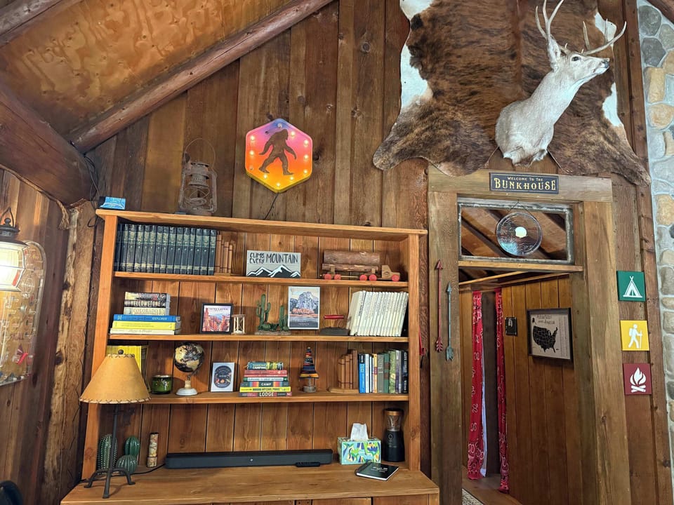 Rustic bookshelf and wooden wall decor.