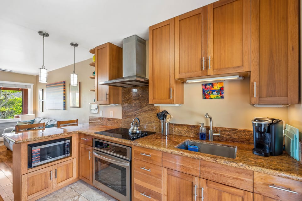 A fully stocked kitchen is provided for dining in