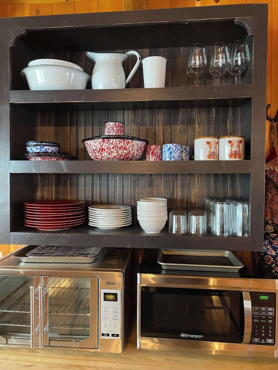 You have plenty of dishes, a convection oven and a microwave.