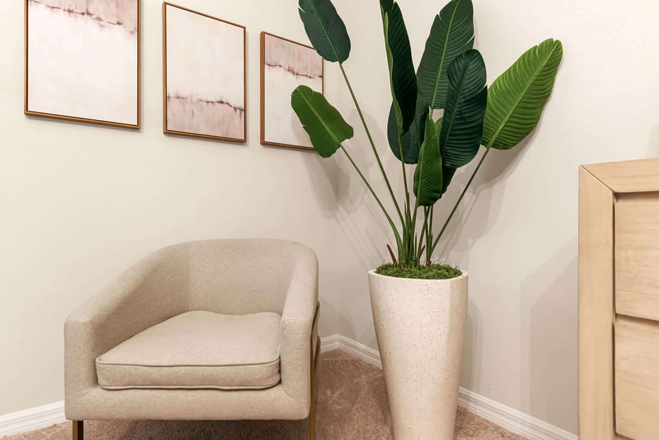 Relax in this cozy nook with stylish decor, perfect for unwinding after a day of exploring.