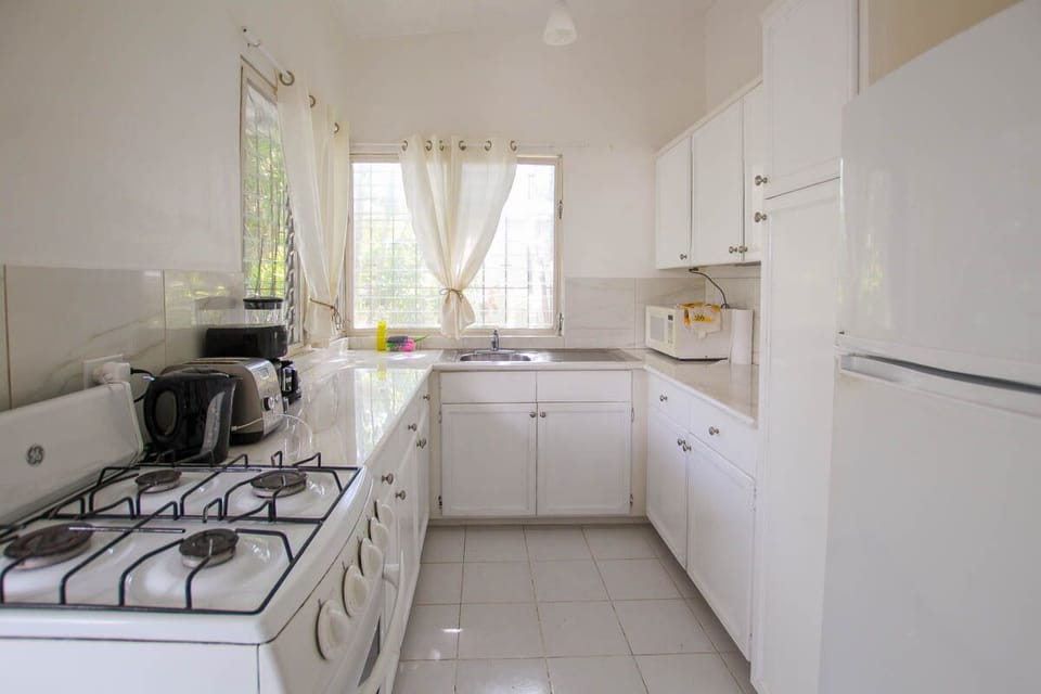 Kitchen area with small appliances, stove, oven and full-size fridge