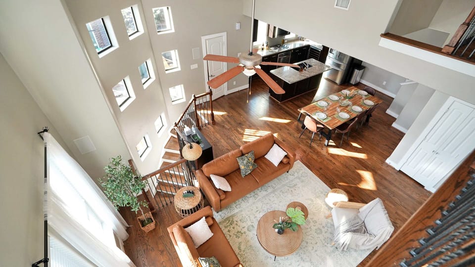 Bird's eye view of the living area from the third floor game room