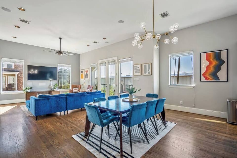 Mid-century modern dining room table and entertainment space.